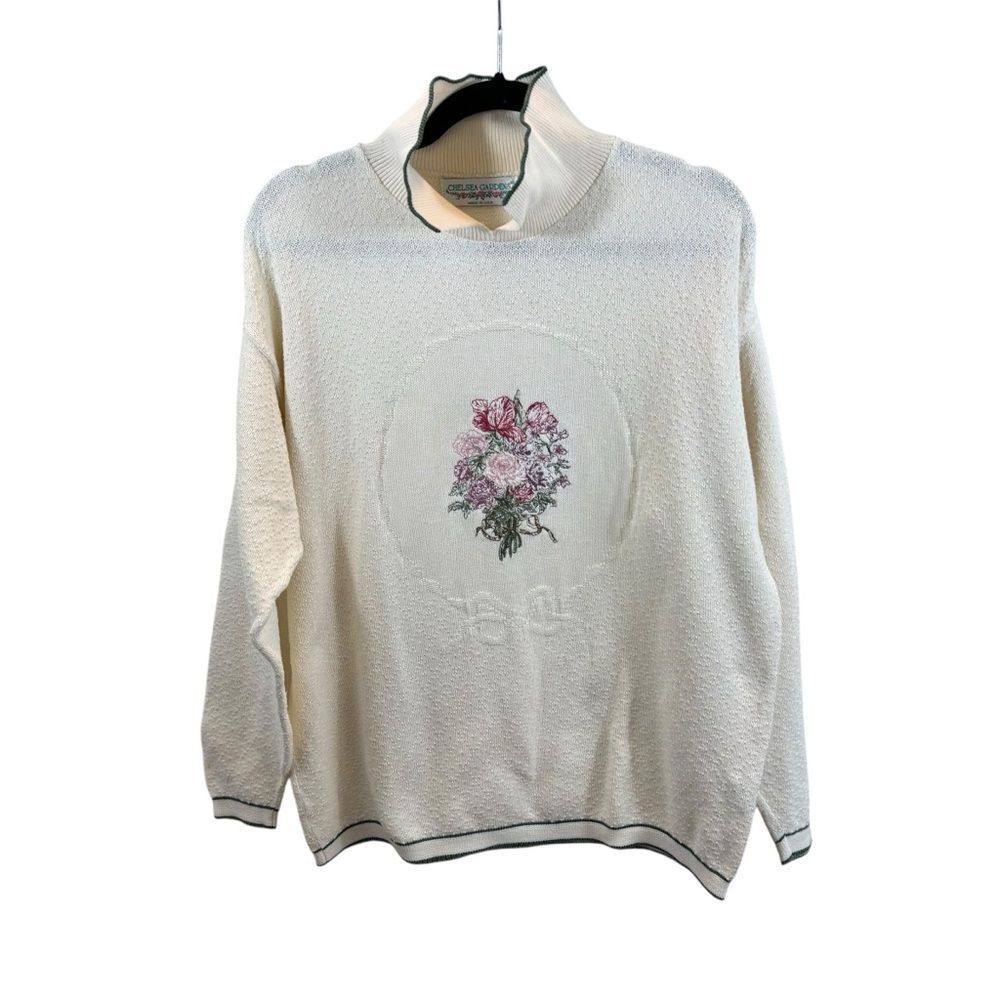 Vintage Ladies Chelsea Gardens Floral Design Collared Sweater Size Large